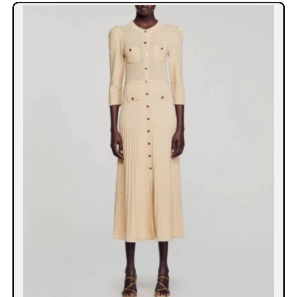 Sandro Ramia pointelle knit midi dress cream lurex 40  6 long sleeve